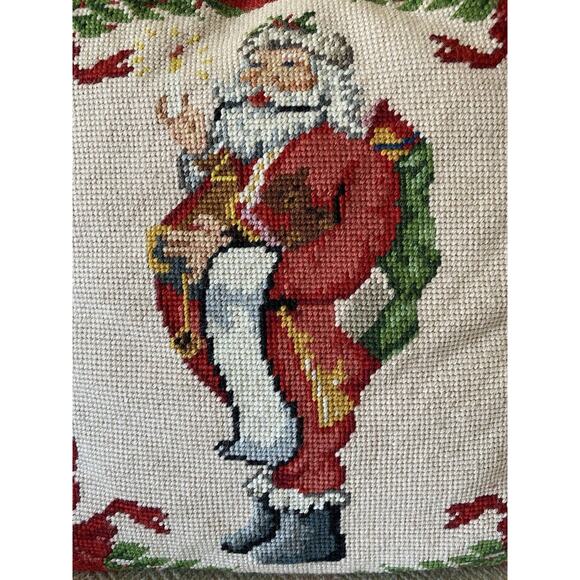 Vintage Steinwinder Needlepoint Christmas Santa Claus Pillow Bear Holly 13 x 13" - Picture 4 of 12